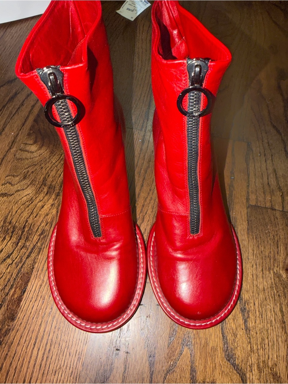 KHAITE Red Front-Zip Leather Ankle Boots with Ring Pull